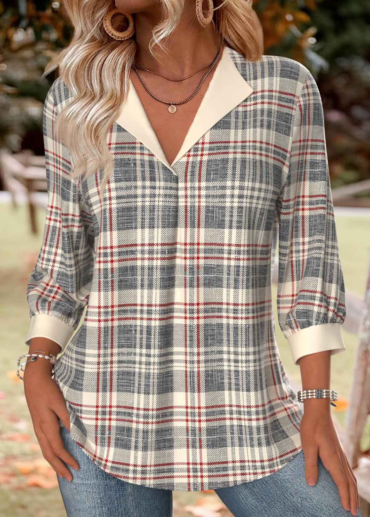 Modlily Multi Color Plaid 3/4 Sleeve V Neck Shirt - M