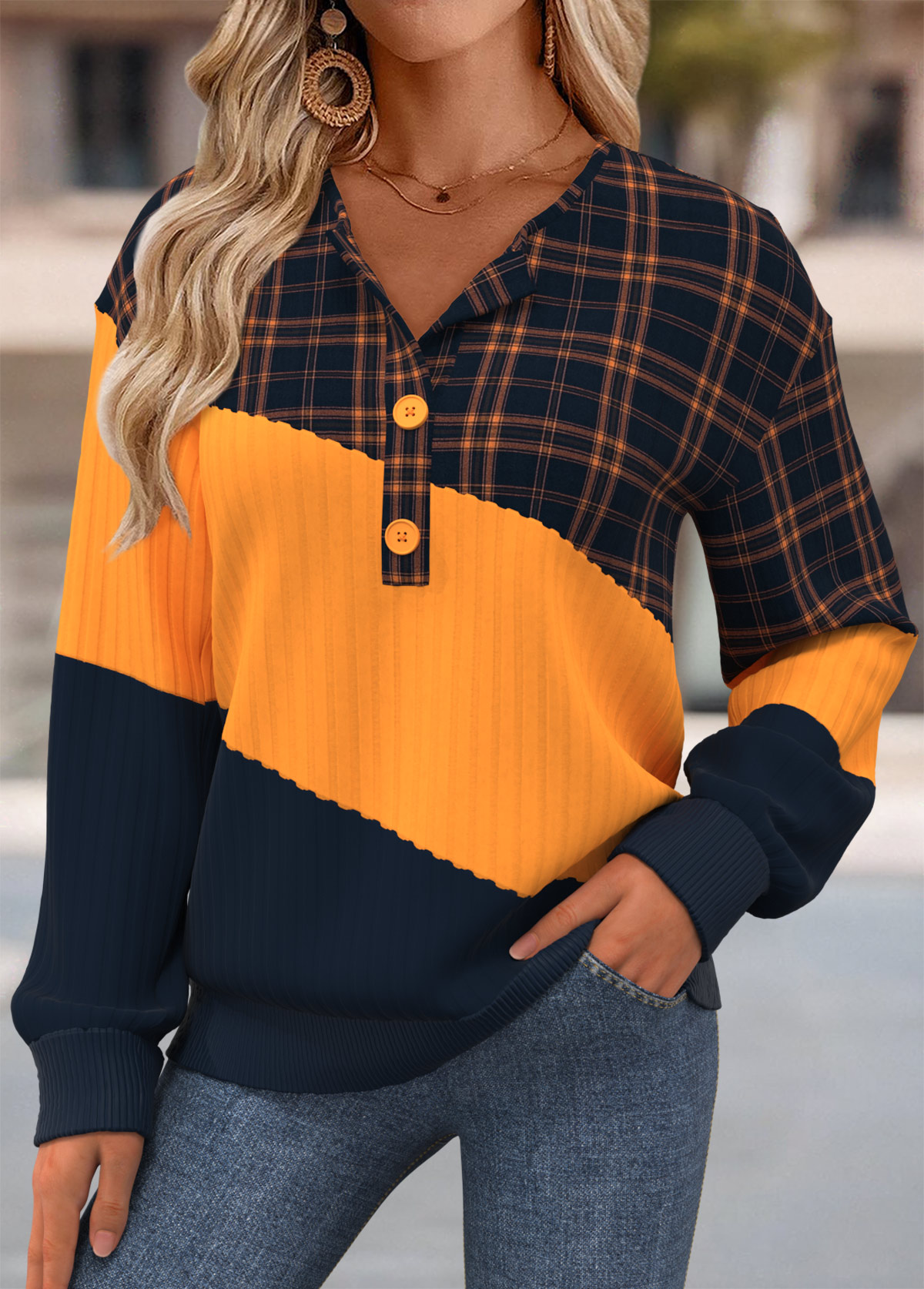 Modlily Multi Color Plaid Long Sleeve Split Neck Sweatshirt - L