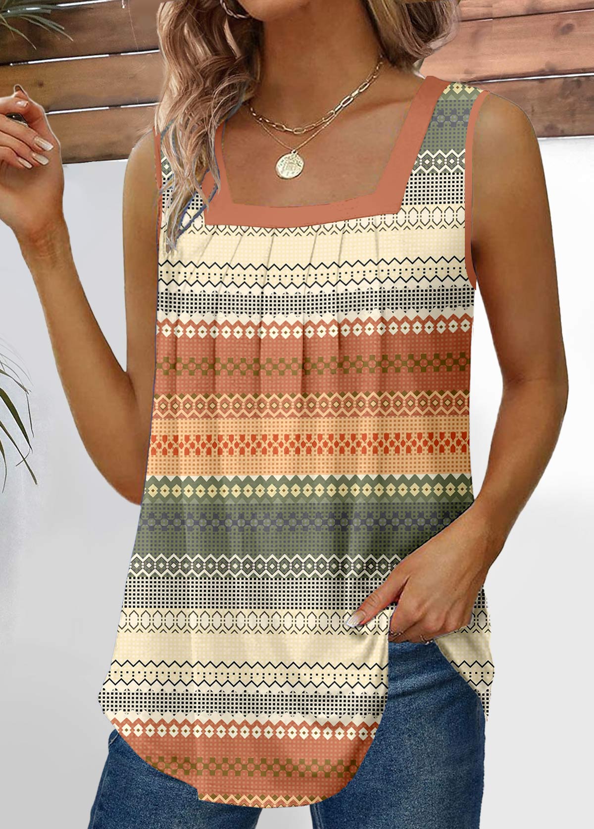 Modlily Multi Color Pleated Striped Square Neck Tank Top - M