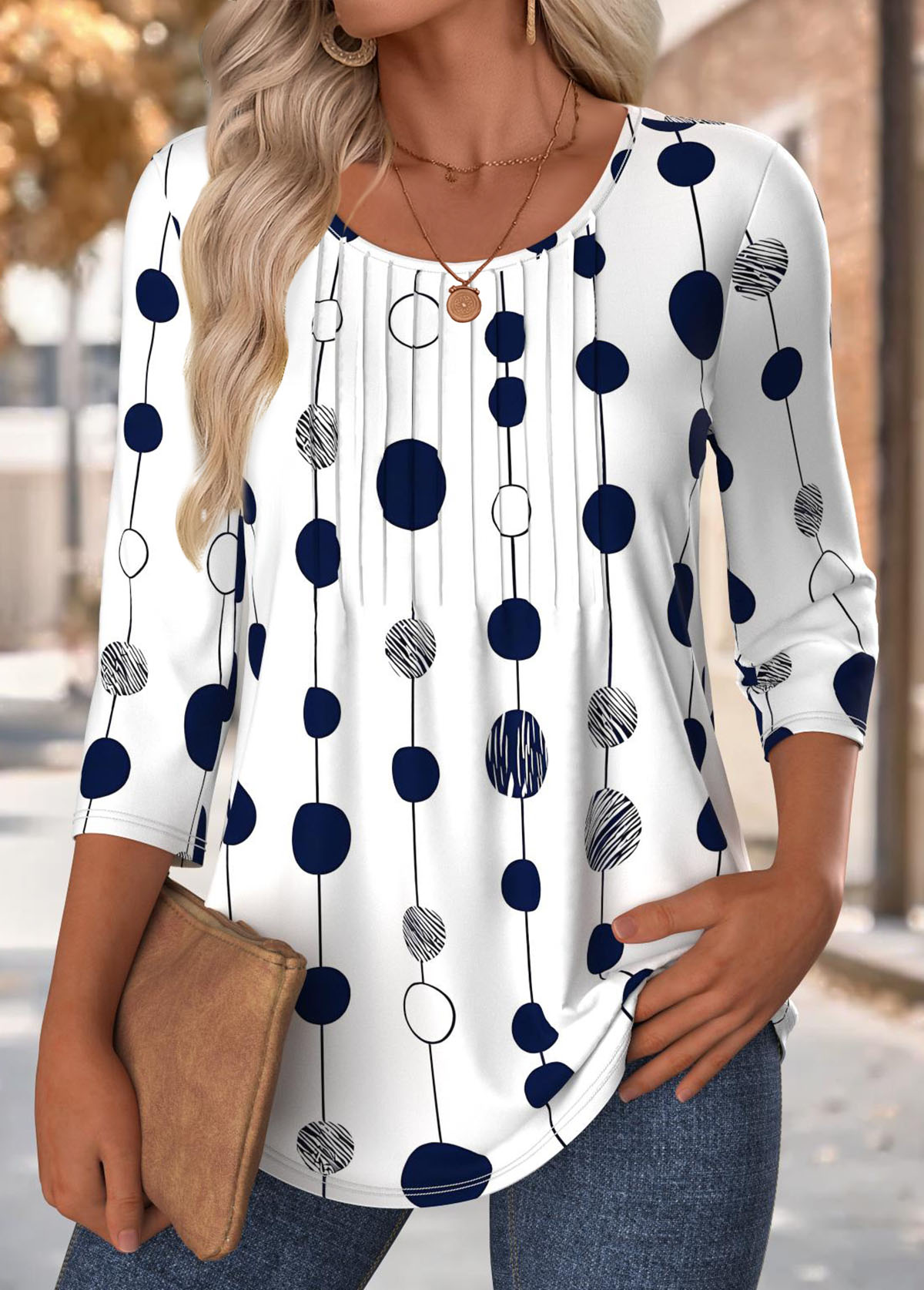 Modlily Multi Color Polka Dot 3/4 Sleeve T Shirt - M