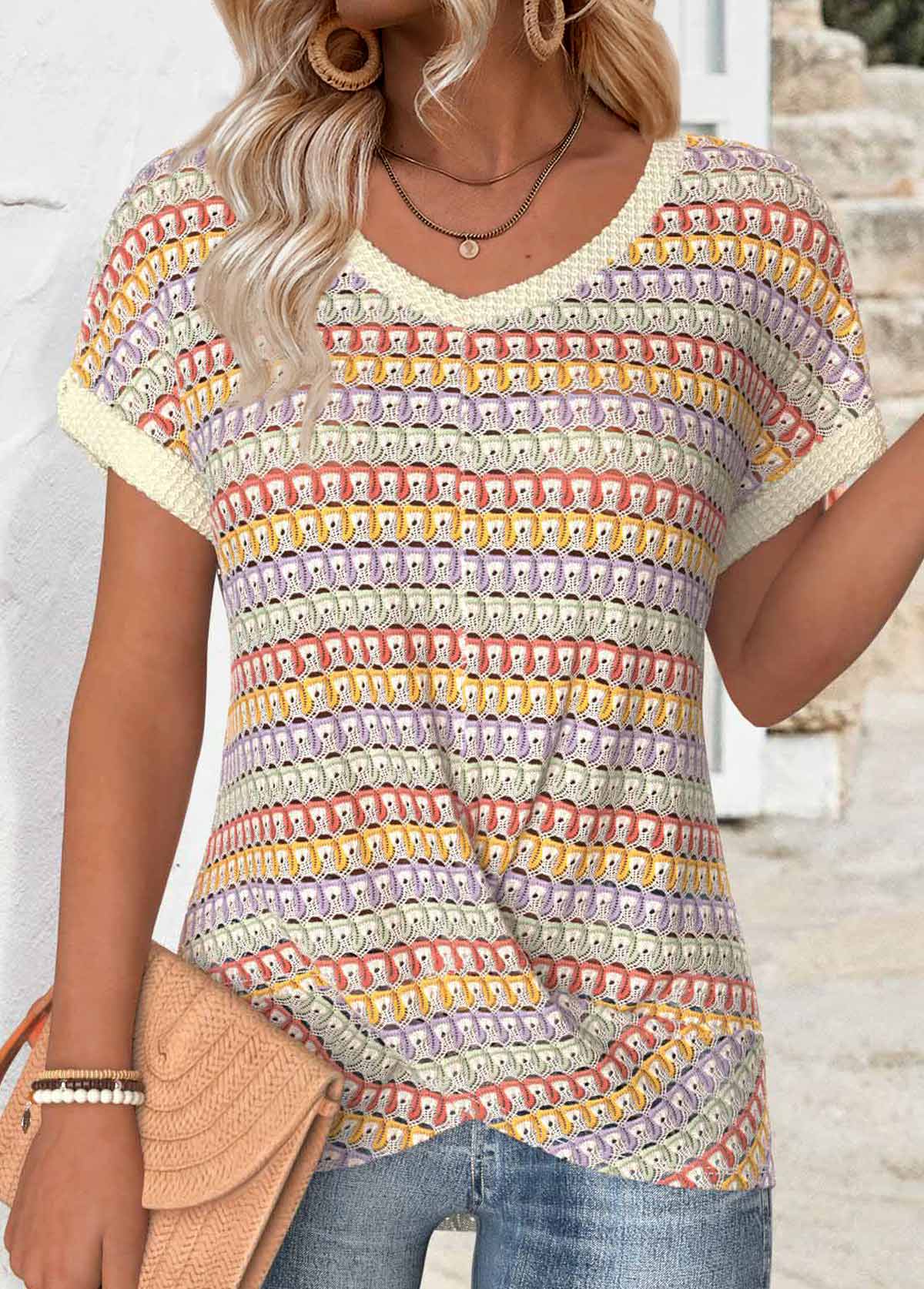 Modlily Multi Color Short Sleeve Hollowedout T Shirt - L