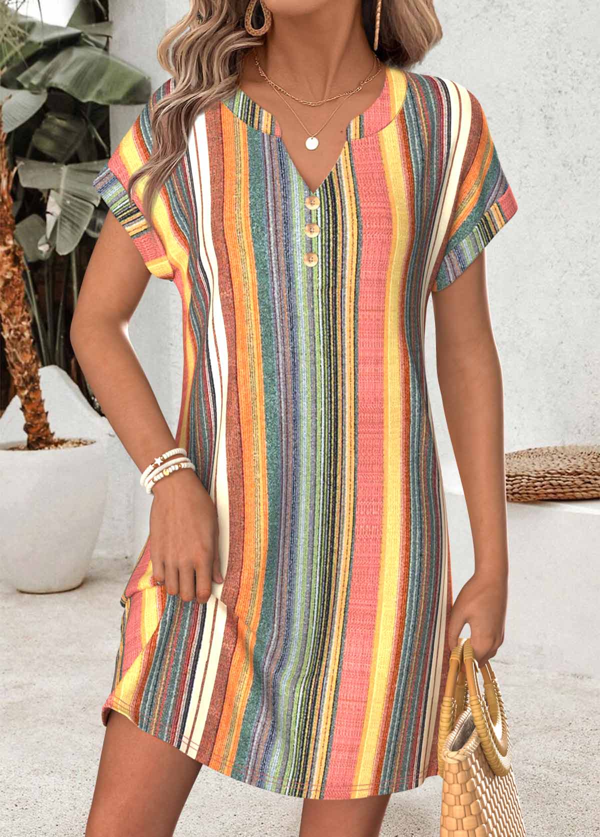 Modlily Multi Color Short Tummy Coverage Split Neck Dress - S