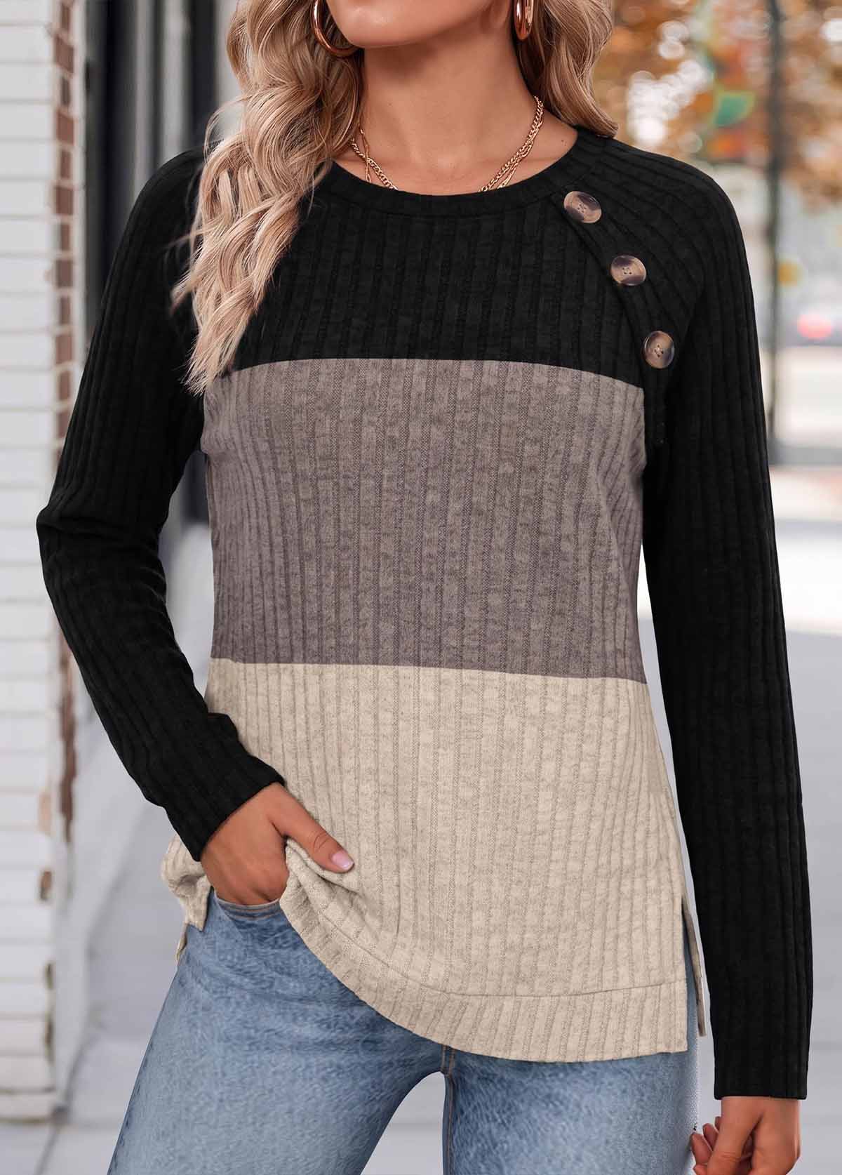 Modlily Multi Color Side Vents Long Sleeve Round Neck Sweatshirt - M
