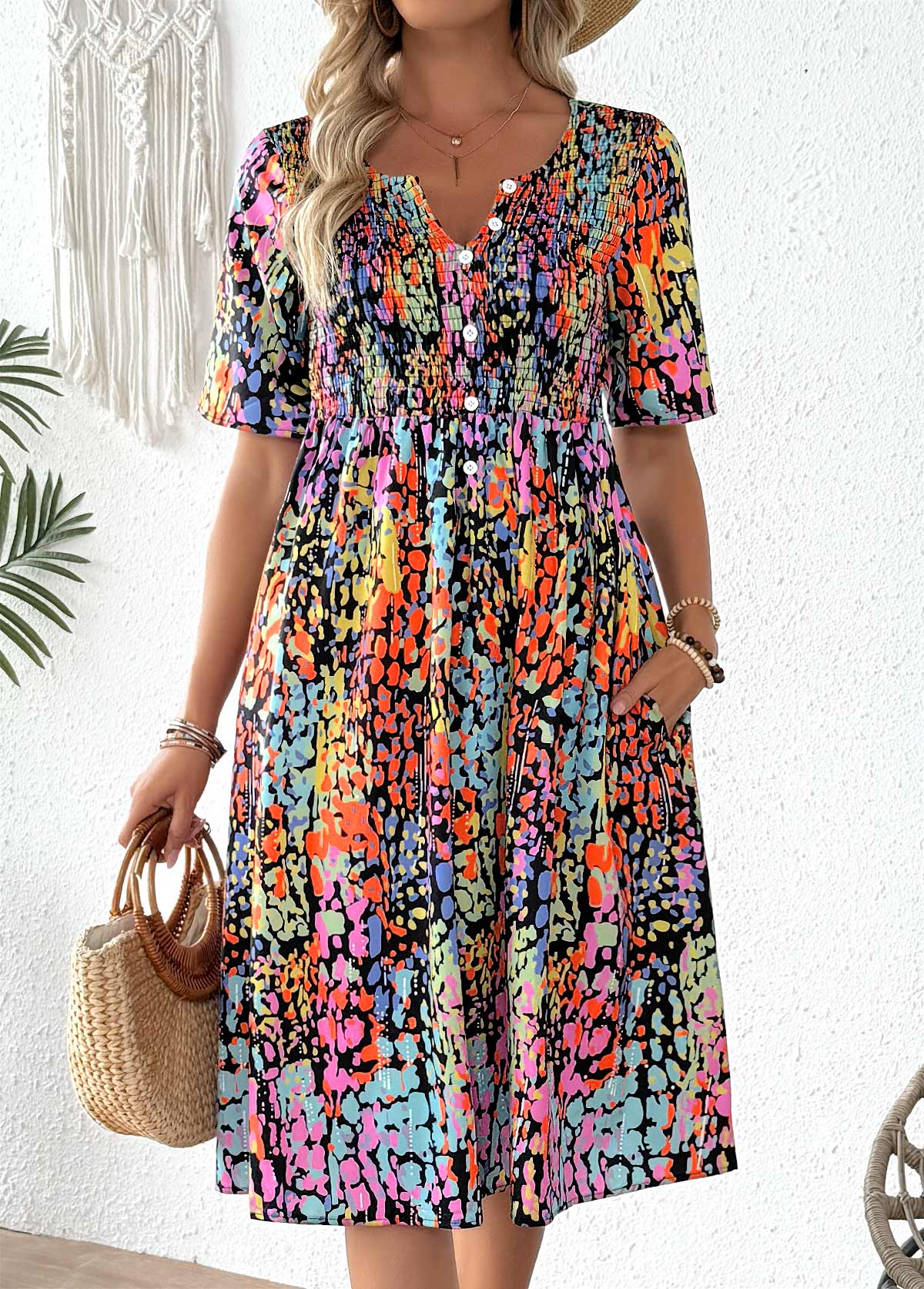 Modlily Multi Color Smocked Tribal Print Short Sleeve Dress - S