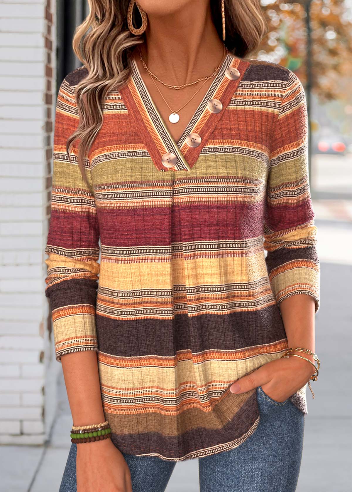 Modlily Multi Color Striped Button Long Sleeve T Shirt - M