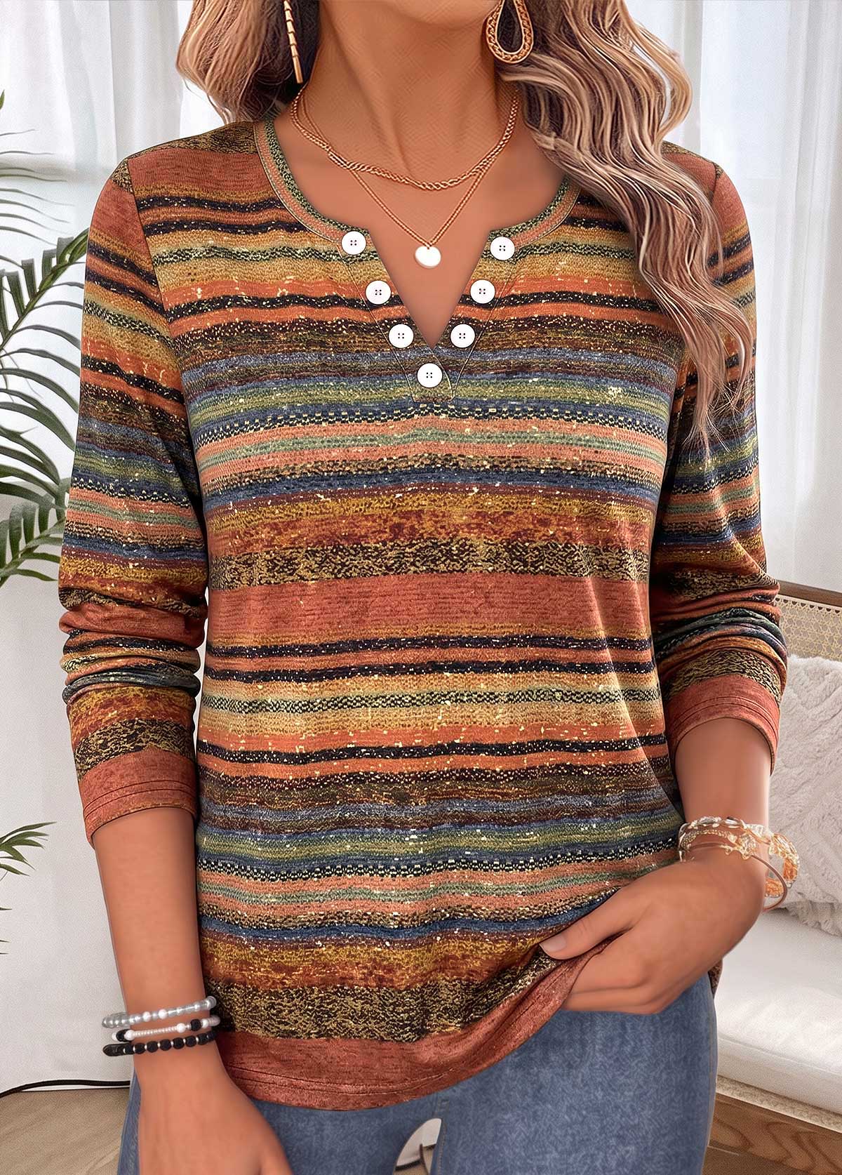 Modlily Multi Color Striped Long Sleeve Button T Shirt - M