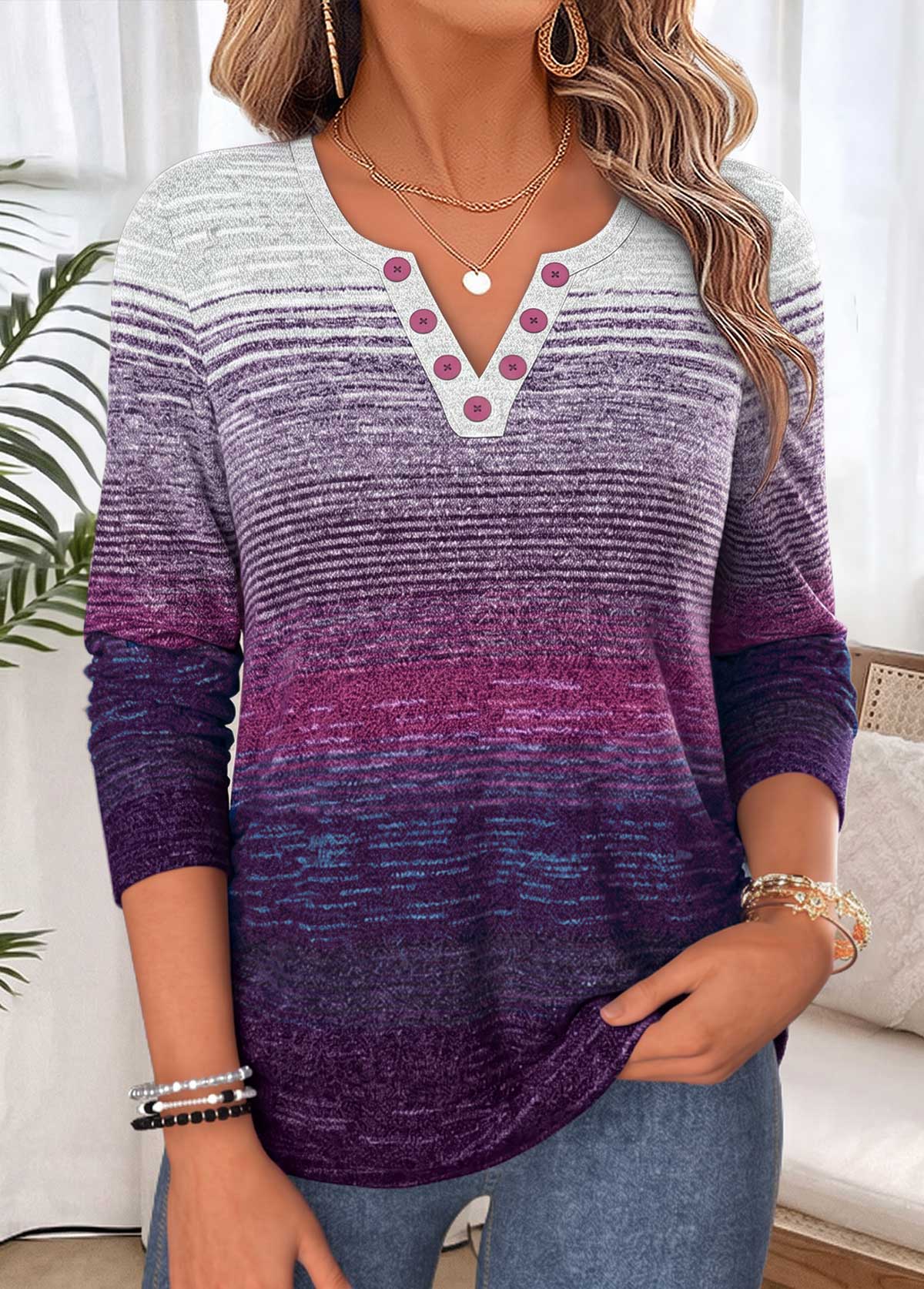 Modlily Multi Color Striped Long Sleeve Split Neck T Shirt - S
