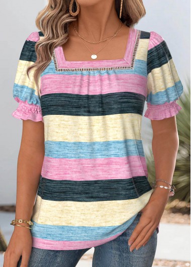 Modlily Multi Color Striped Short Sleeve Square Neck T Shirt - S