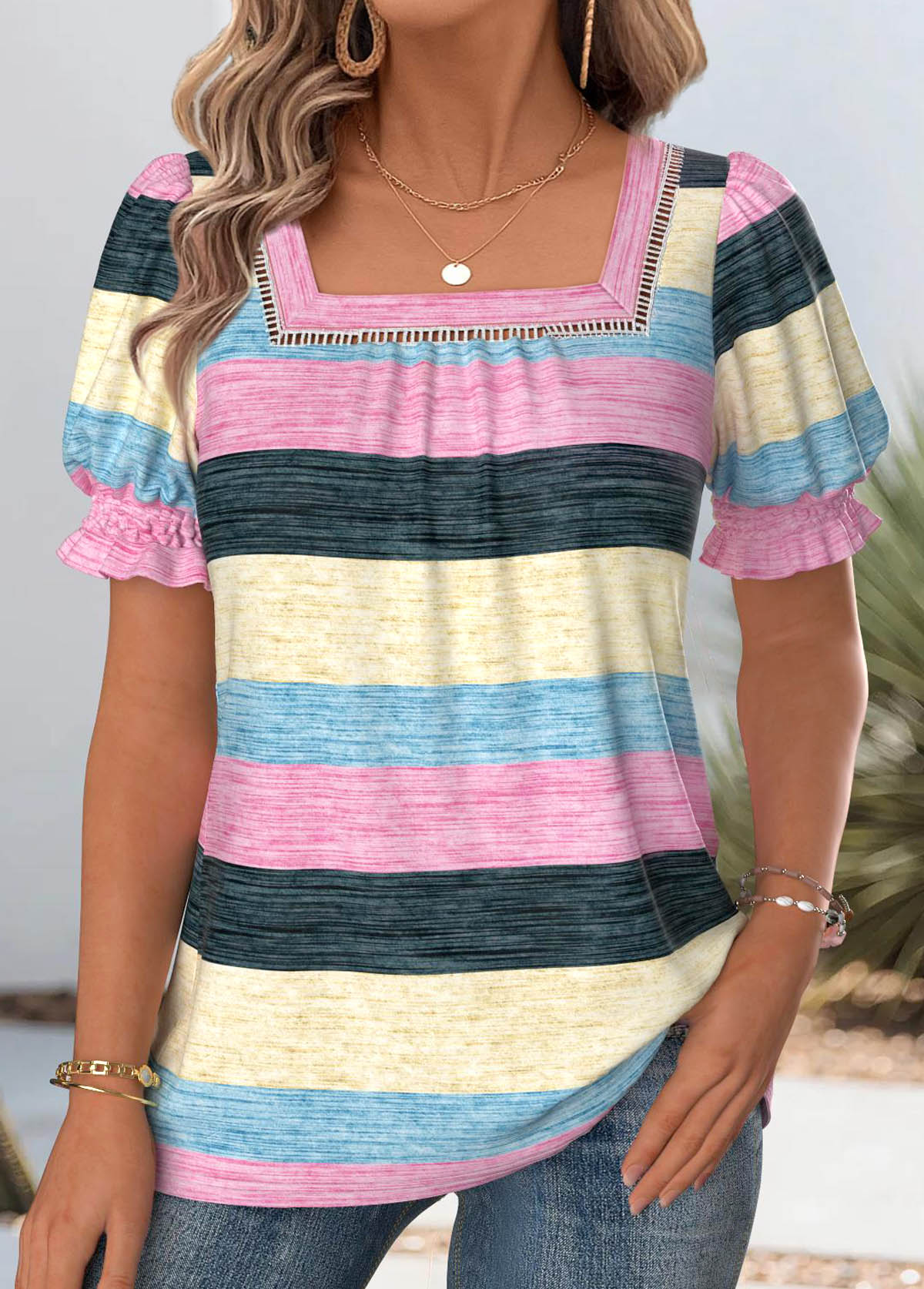 Modlily Multi Color Striped Short Sleeve Square Neck T Shirt - S