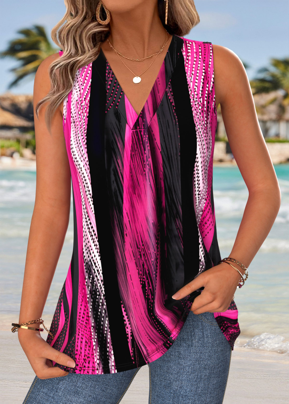 Modlily Multi Color Striped Sleeveless V Neck Tank Top - M