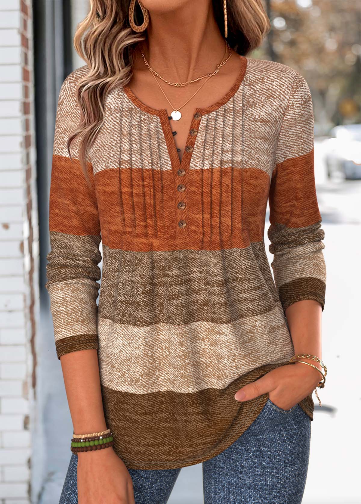 Modlily Multi Color Striped Tuck Stitch Long Sleeve T Shirt - S