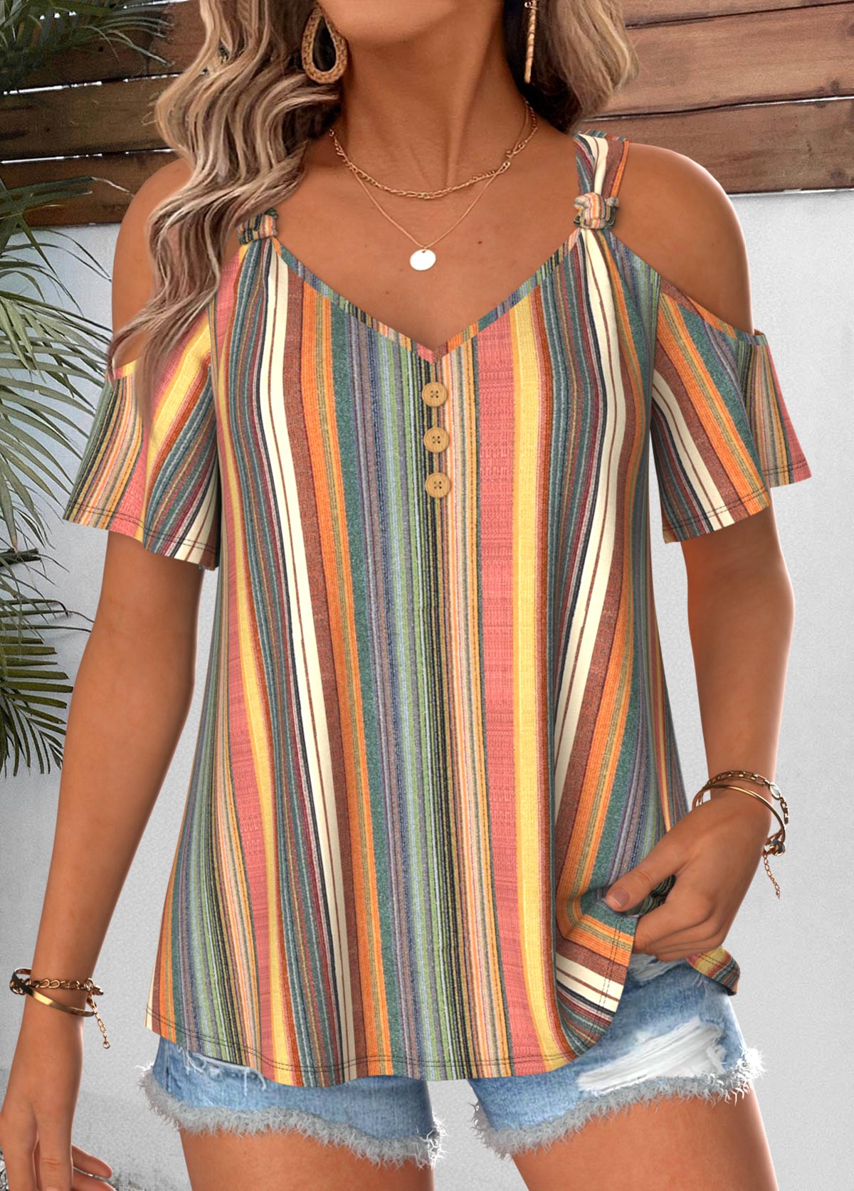 Modlily Multi Color Striped Twist Short Sleeve T Shirt - S