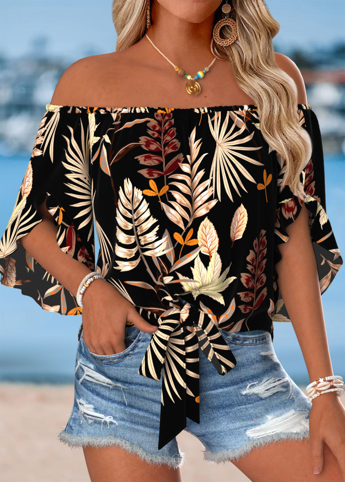 Modlily Multi Color Tie Plants Print Half Sleeve Blouse - M