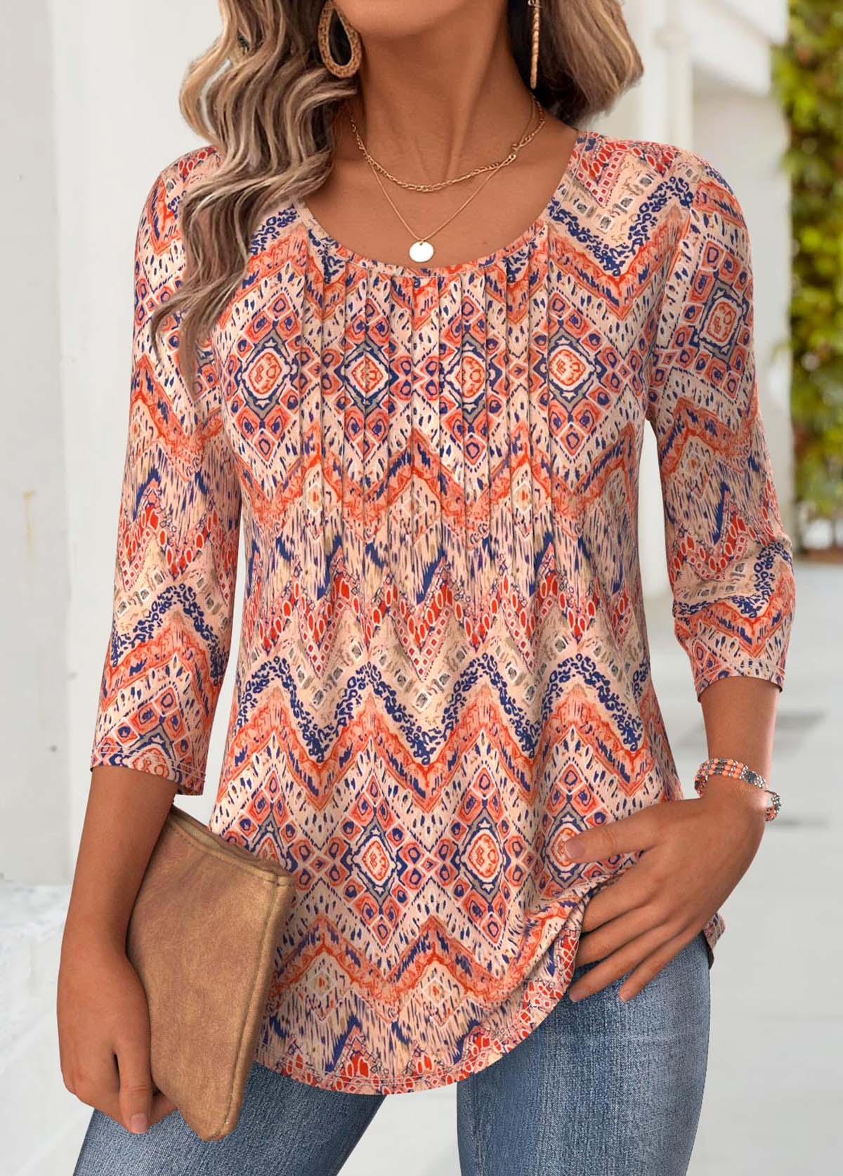 Modlily Multi Color Tribal Print 3/4 Sleeve T Shirt - M