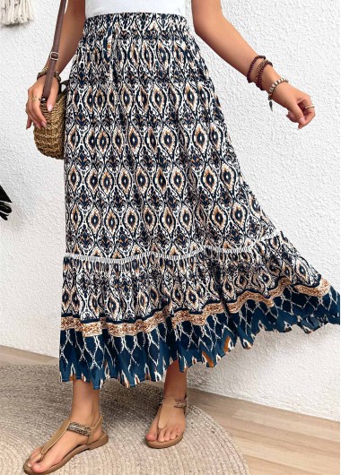Modlily Multi Color Tribal Print A Line Elastic Waist Skirt - L