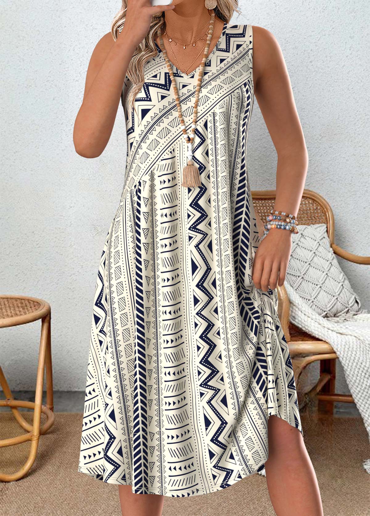 Modlily Multi Color Tribal Print A Line Sleeveless Dress - S
