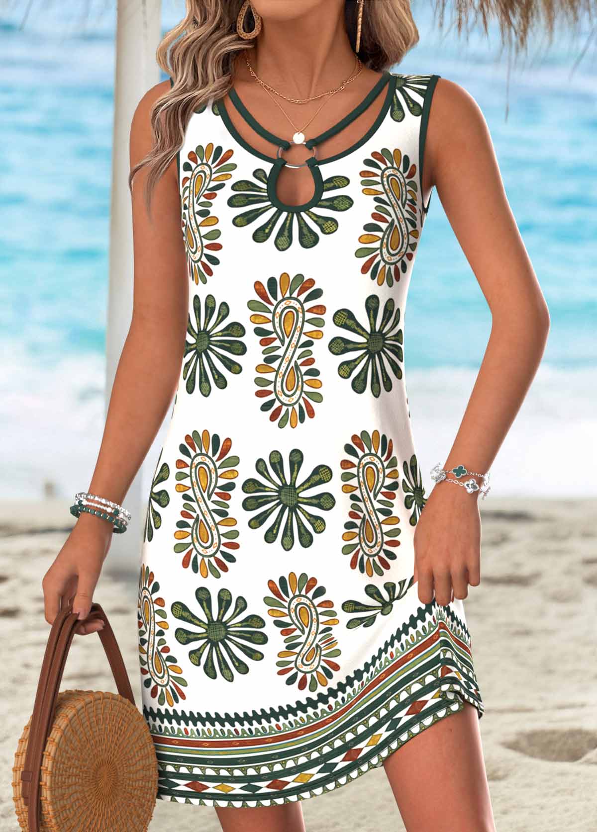 Modlily Multi Color Tribal Print Short Tummy Coverage Sleeveless Dress - S