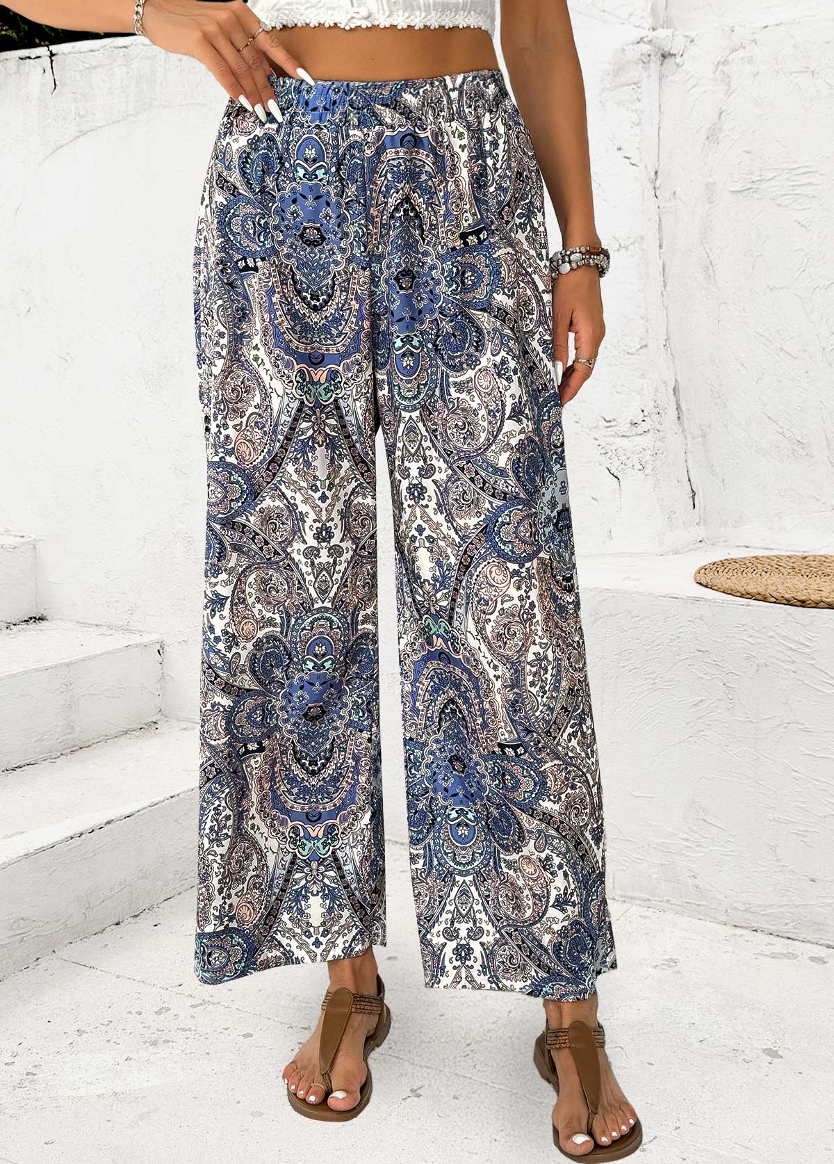 Modlily Multi Color Tribal Print Straight Leg Elastic Waist Pants - M