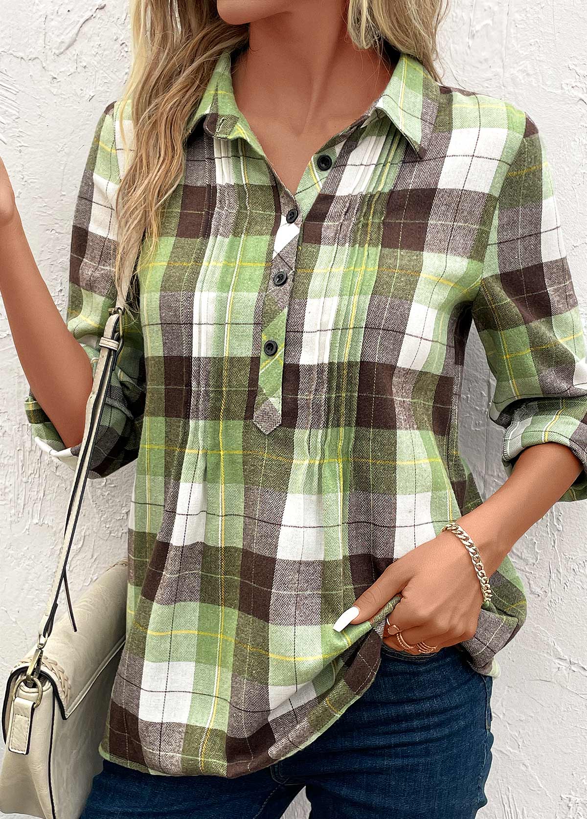Modlily Multi Color Tuck Stitch Plaid Long Sleeve Blouse - XL