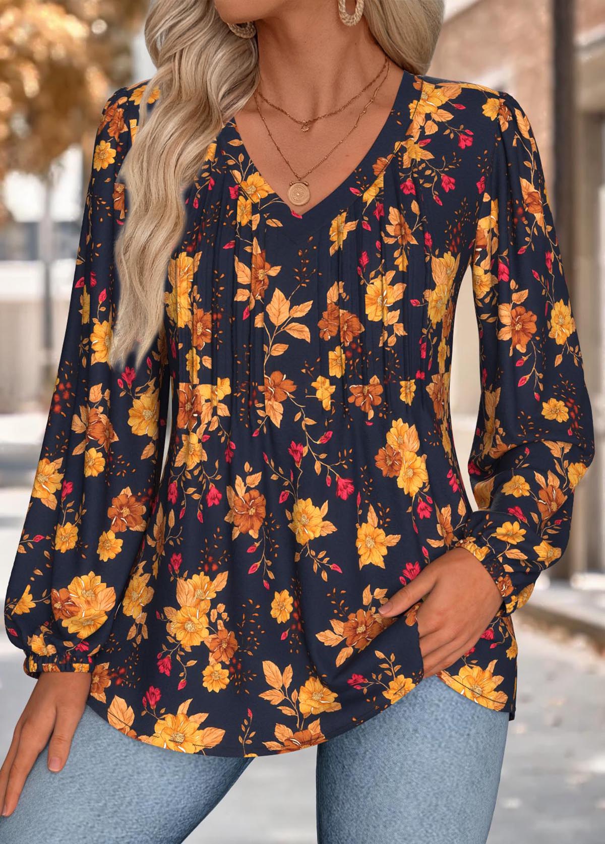 Modlily Multi Color Tummy Coverage Floral Print Long Sleeve Blouse - L