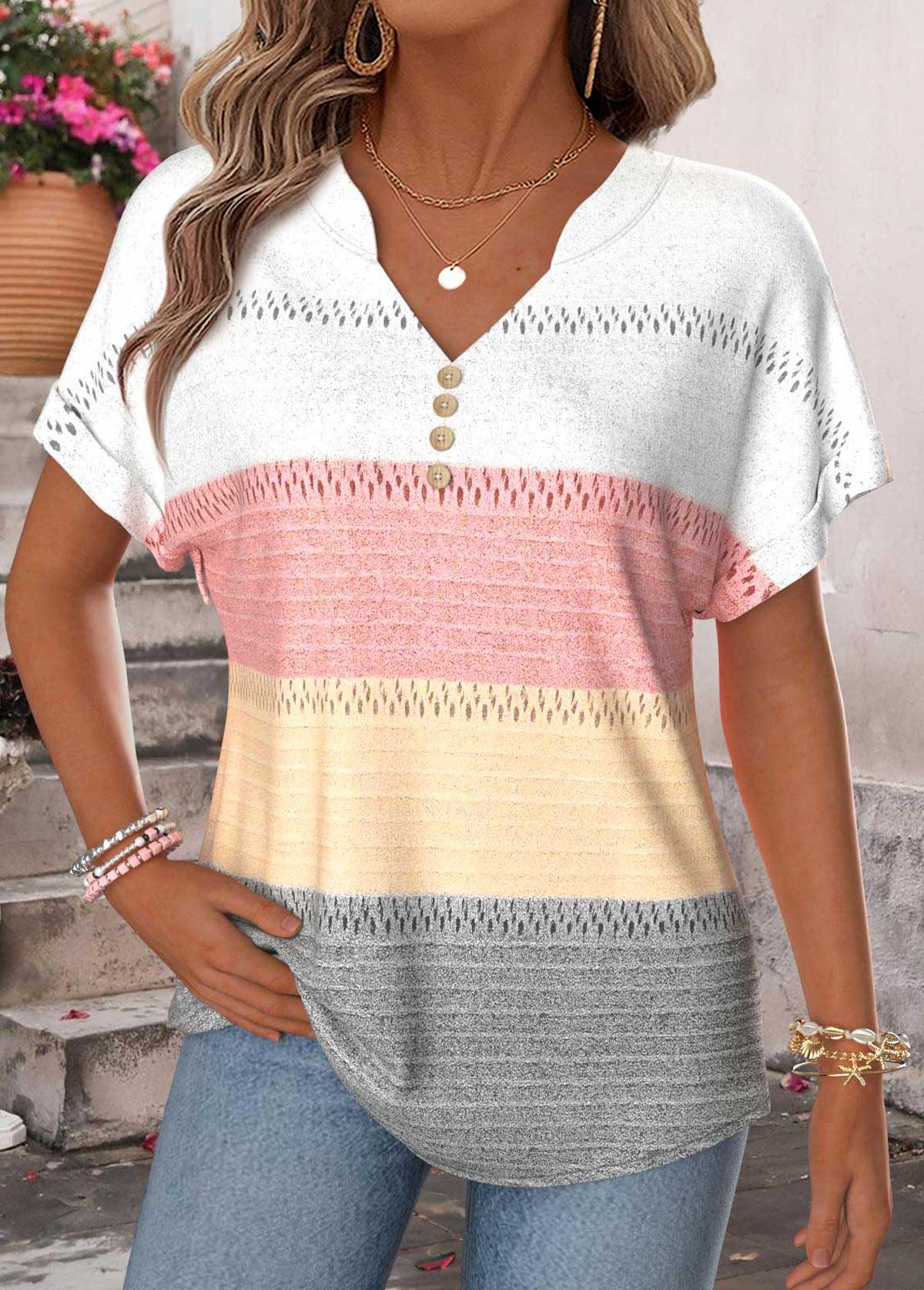 Modlily Multi Color Tummy Coverage Geometric Print Button T Shirt - S