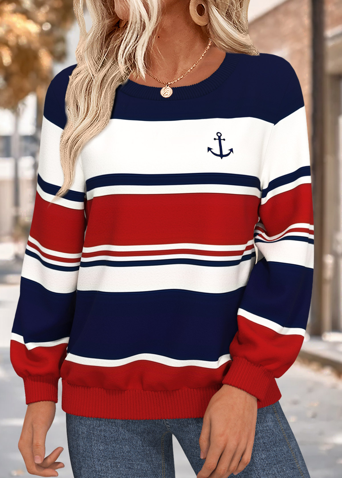 Modlily Multi Color Tummy Coverage Geometric Print Long Sleeve Sweatshirt - L