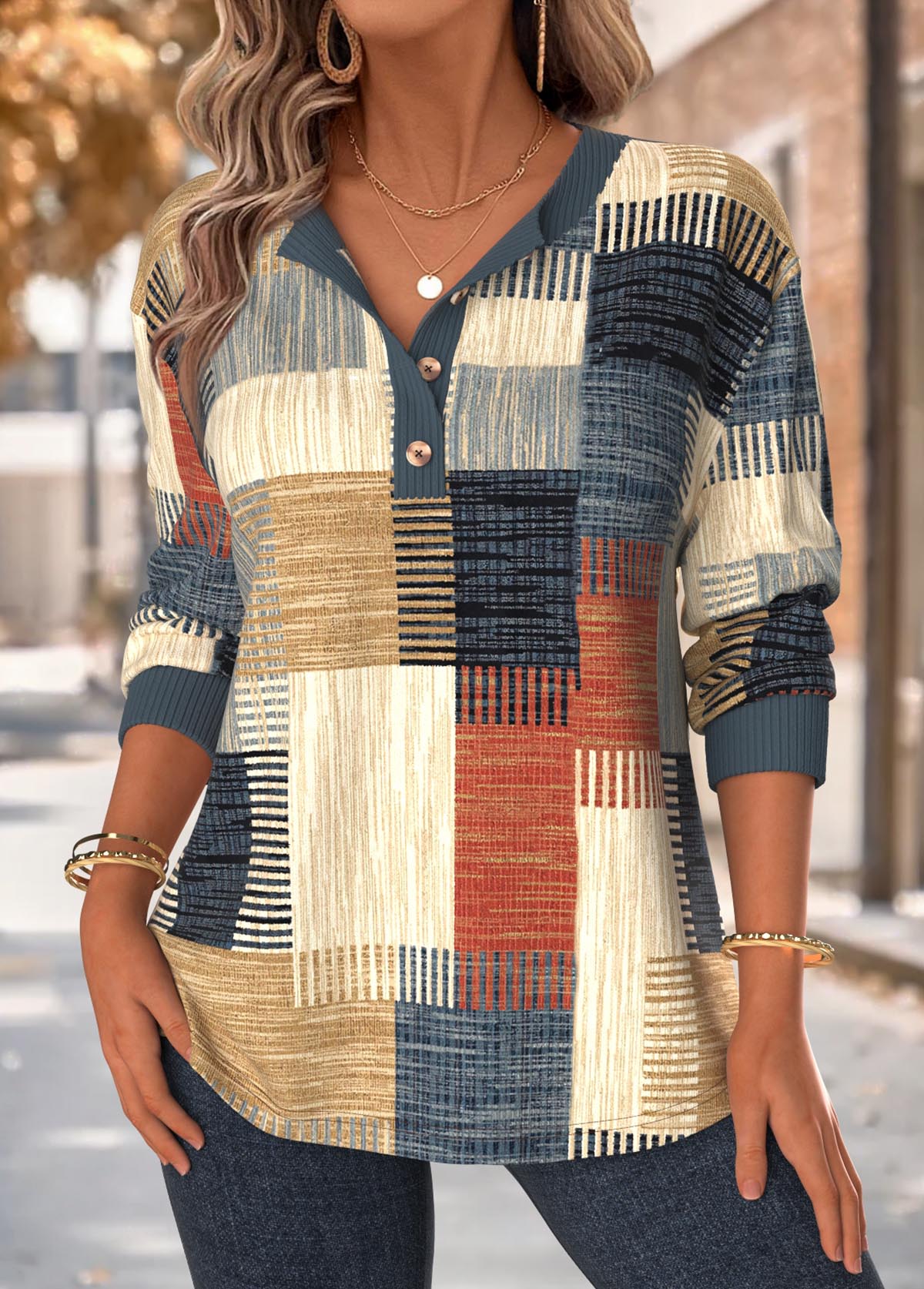 Modlily Multi Color Tummy Coverage Geometric Print Long Sleeve Sweatshirt - S