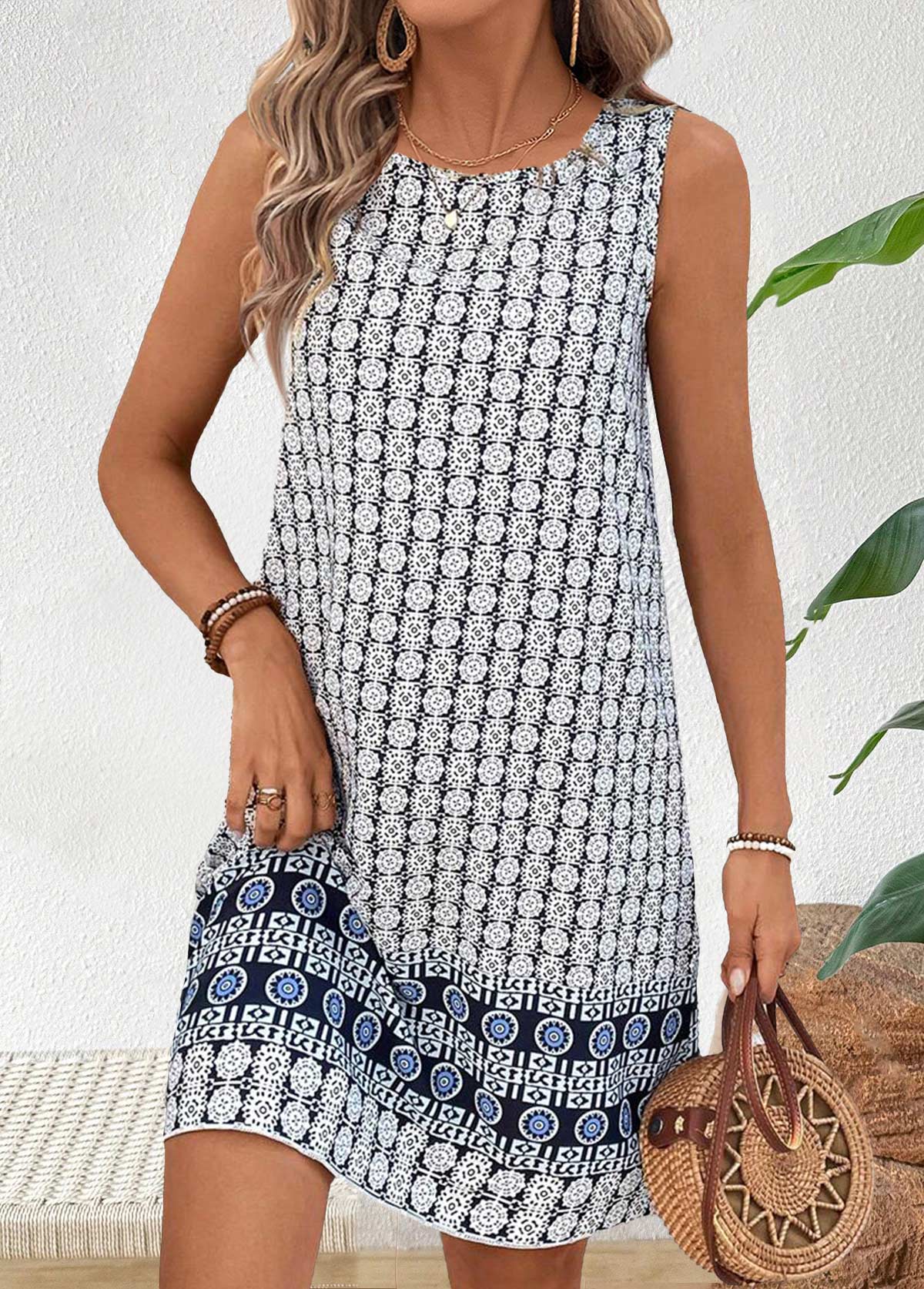 Modlily Multi Color Tummy Coverage Geometric Print Short Sleeveless Dress - L