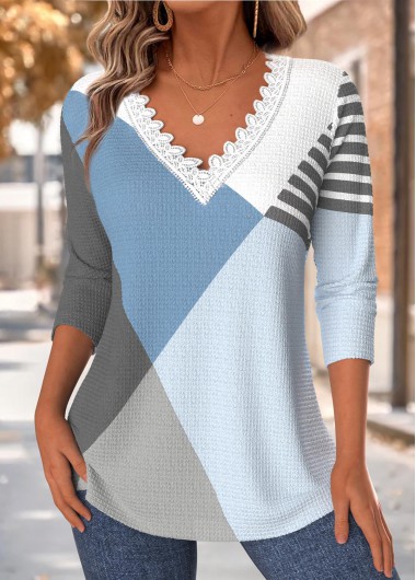 Modlily Multi Color Tummy Coverage Geometric Print T Shirt - M