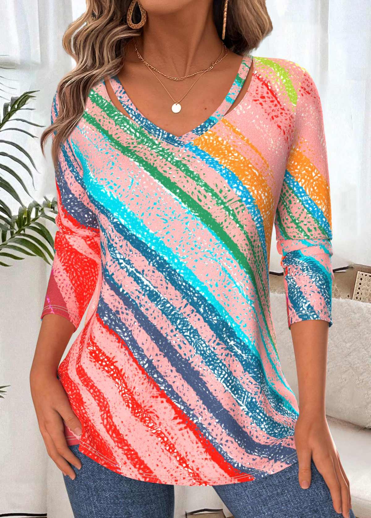 Modlily Multi Color Tummy Coverage Geometric Print T Shirt - M
