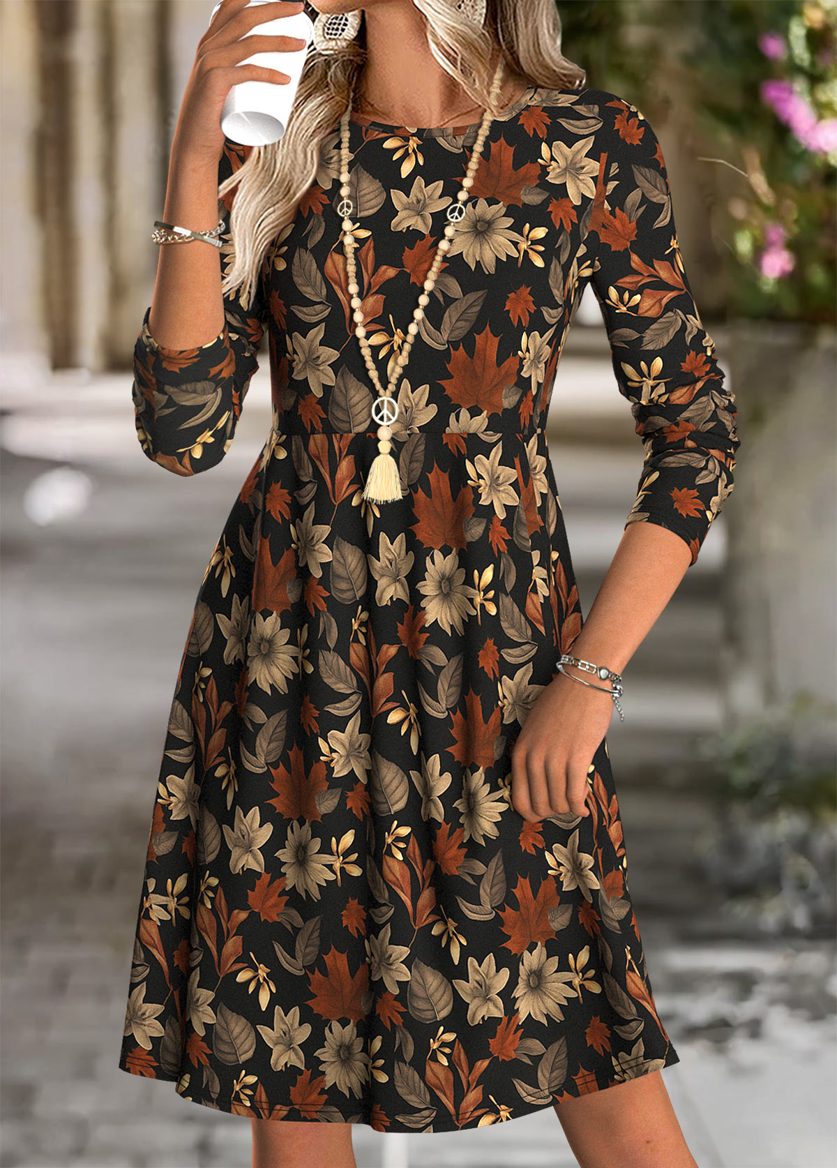Modlily Multi Color Tummy Coverage Leaf Print Long Sleeve Dress - XL