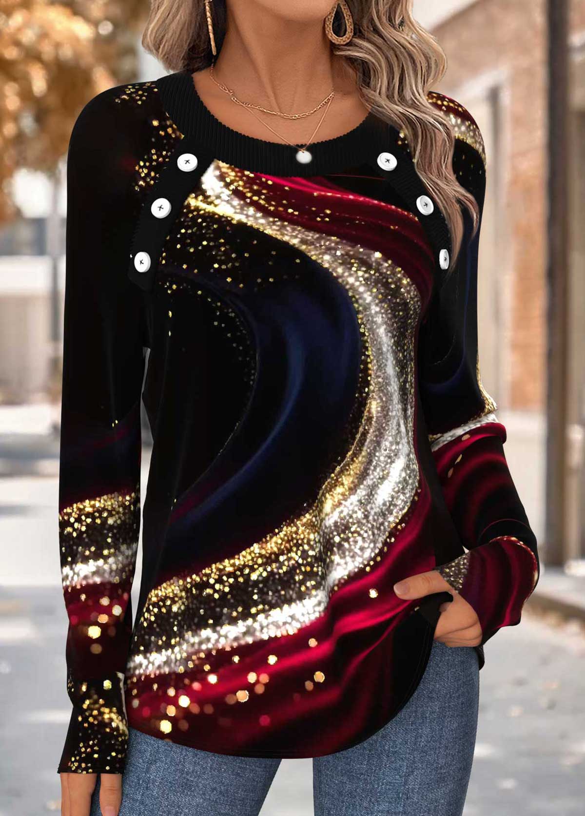 Modlily Multi Color Tummy Coverage Ombre Long Sleeve T Shirt - S