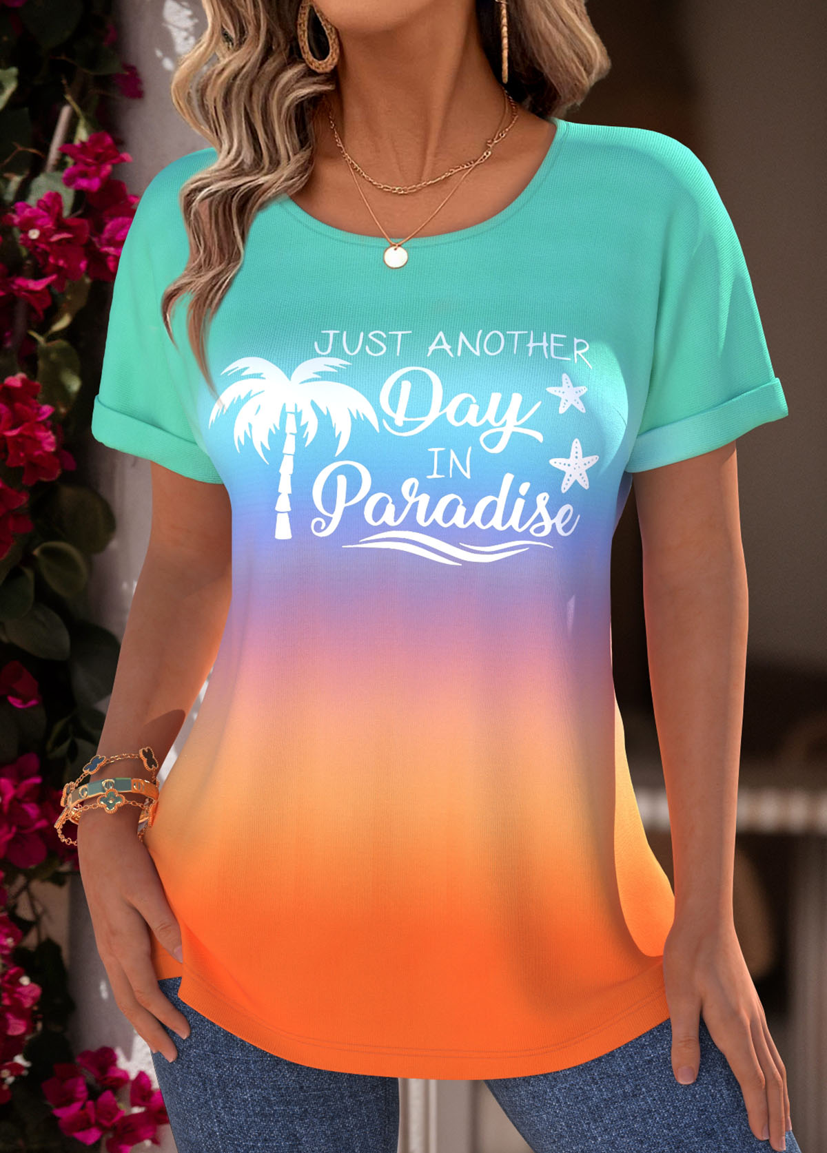 Modlily Multi Color Tummy Coverage Ombre Short Sleeve T Shirt - XL