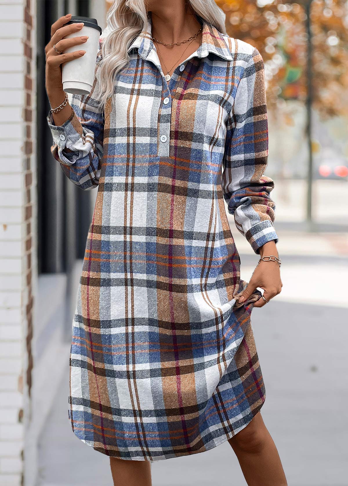 Modlily Multi Color Tummy Coverage Plaid Long Sleeve Dress - S
