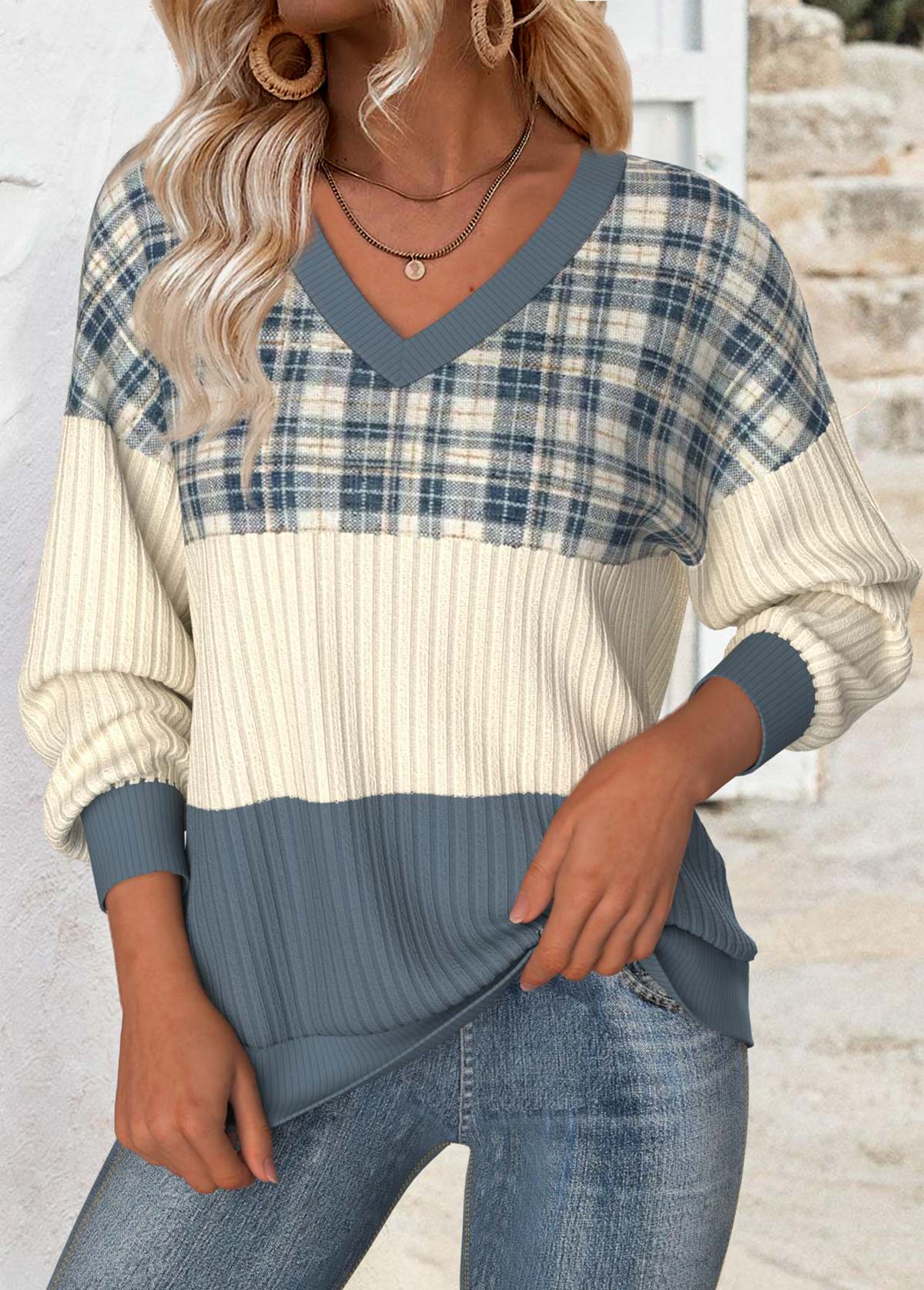 Modlily Multi Color Tummy Coverage Plaid Long Sleeve Sweatshirt - M