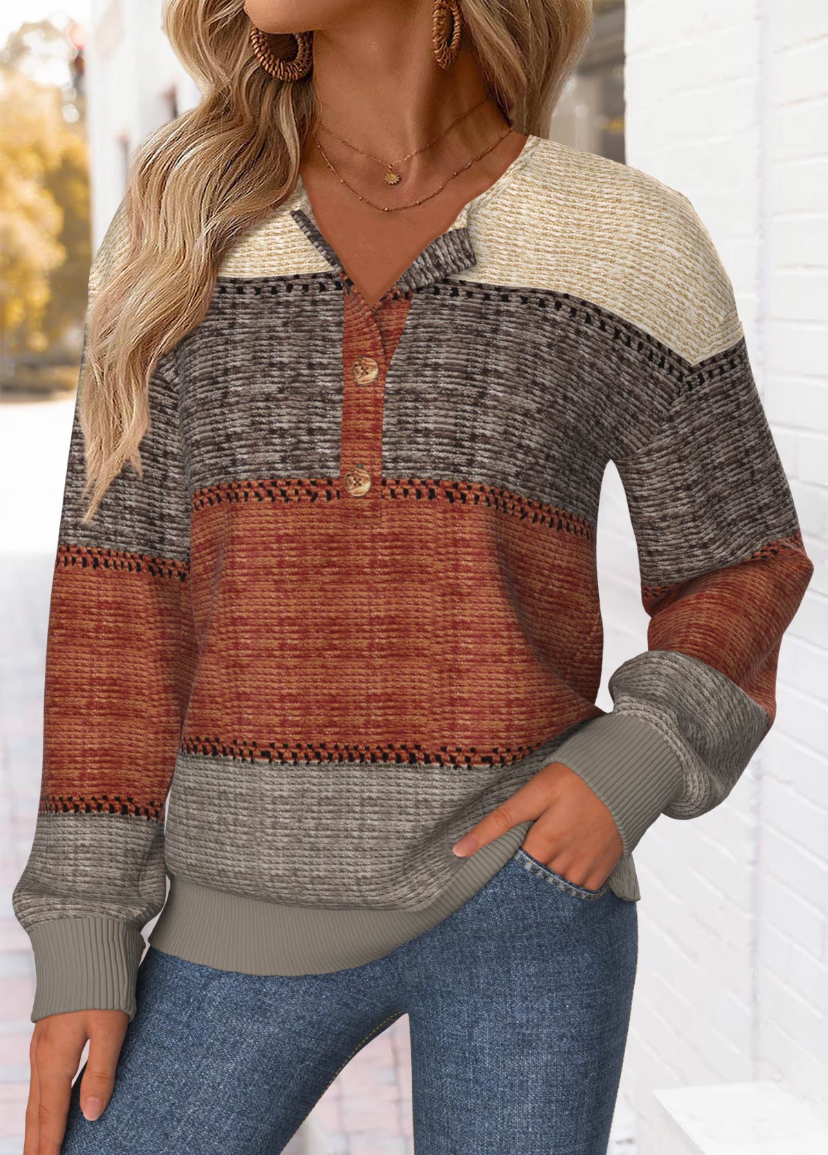 Modlily Multi Color Tummy Coverage Striped Long Sleeve Sweatshirt - S