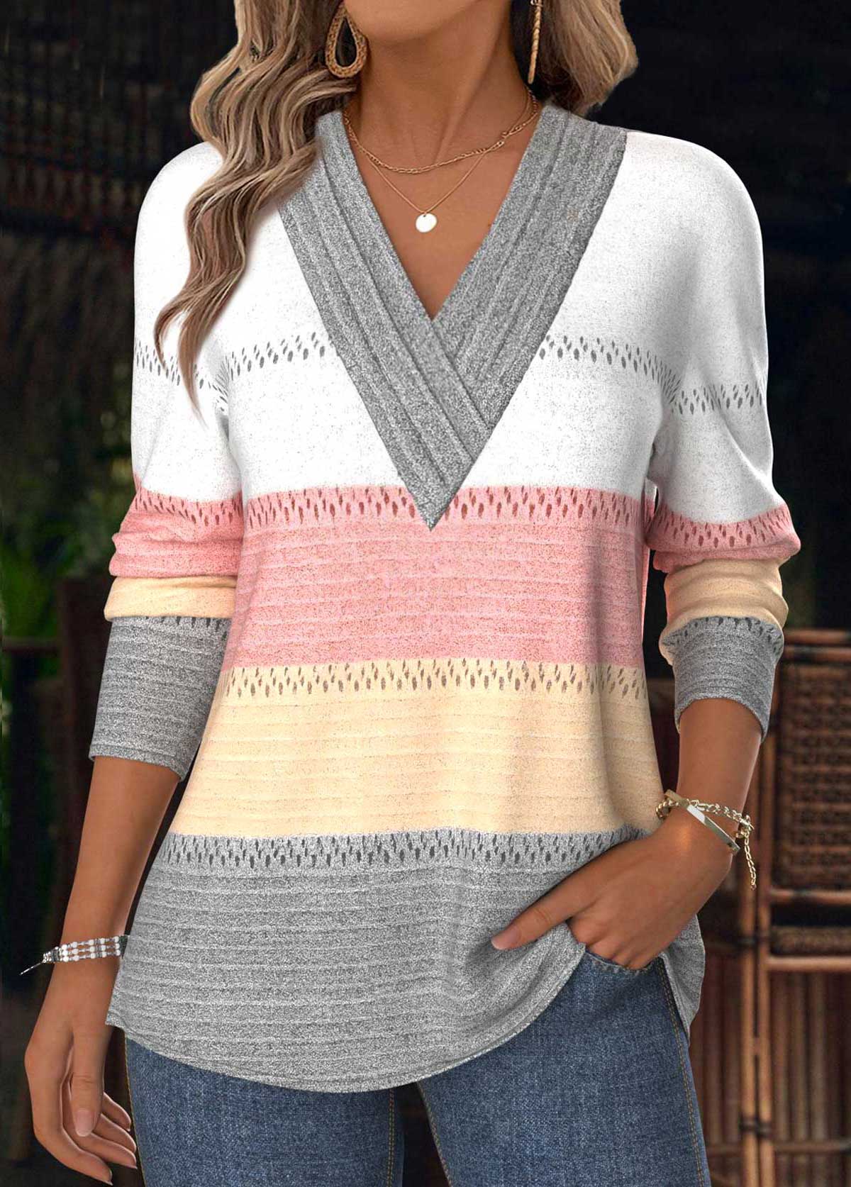 Modlily Multi Color Tummy Coverage Striped Long Sleeve T Shirt - M