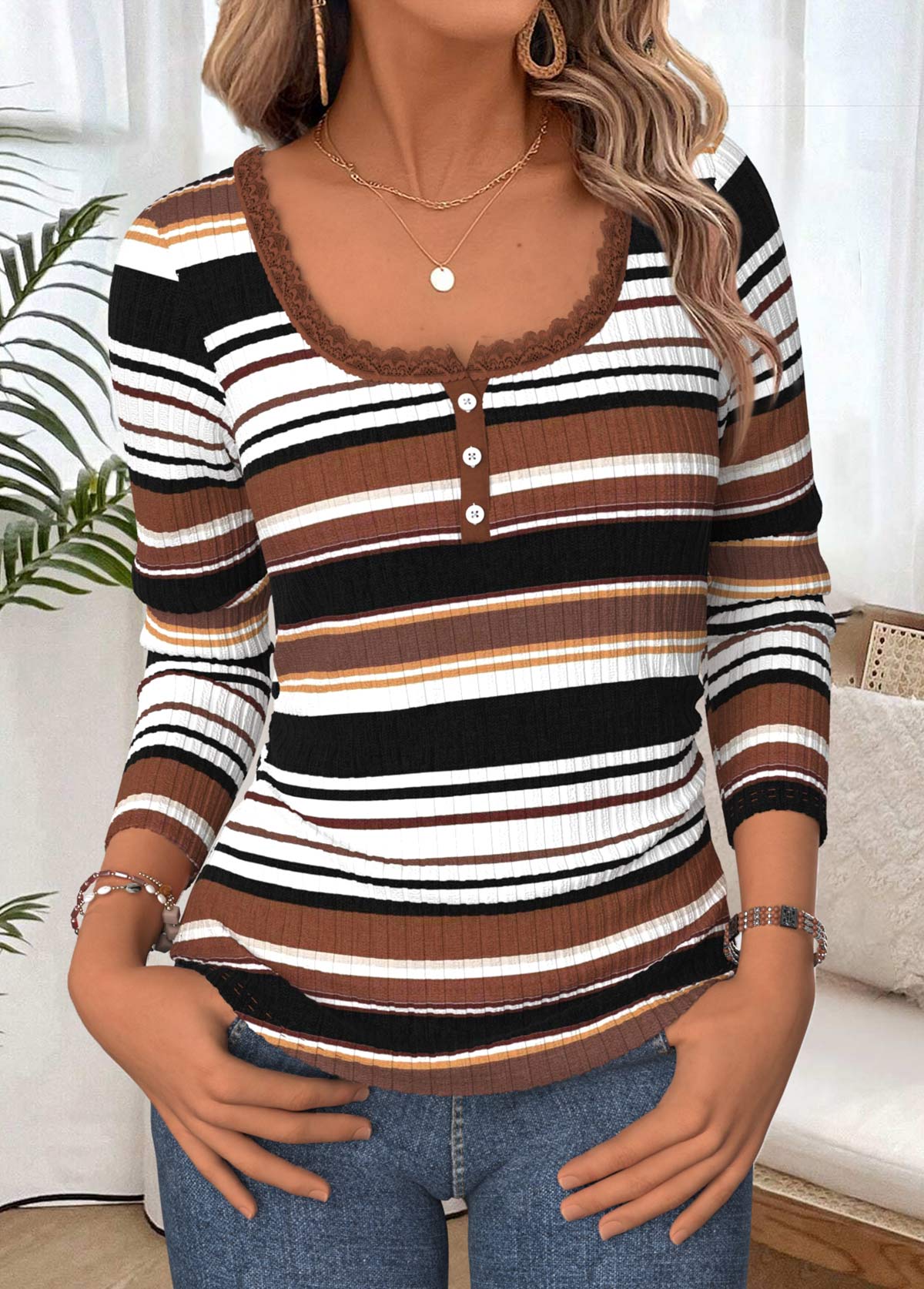 Modlily Multi Color Tummy Coverage Striped Long Sleeve T Shirt - S
