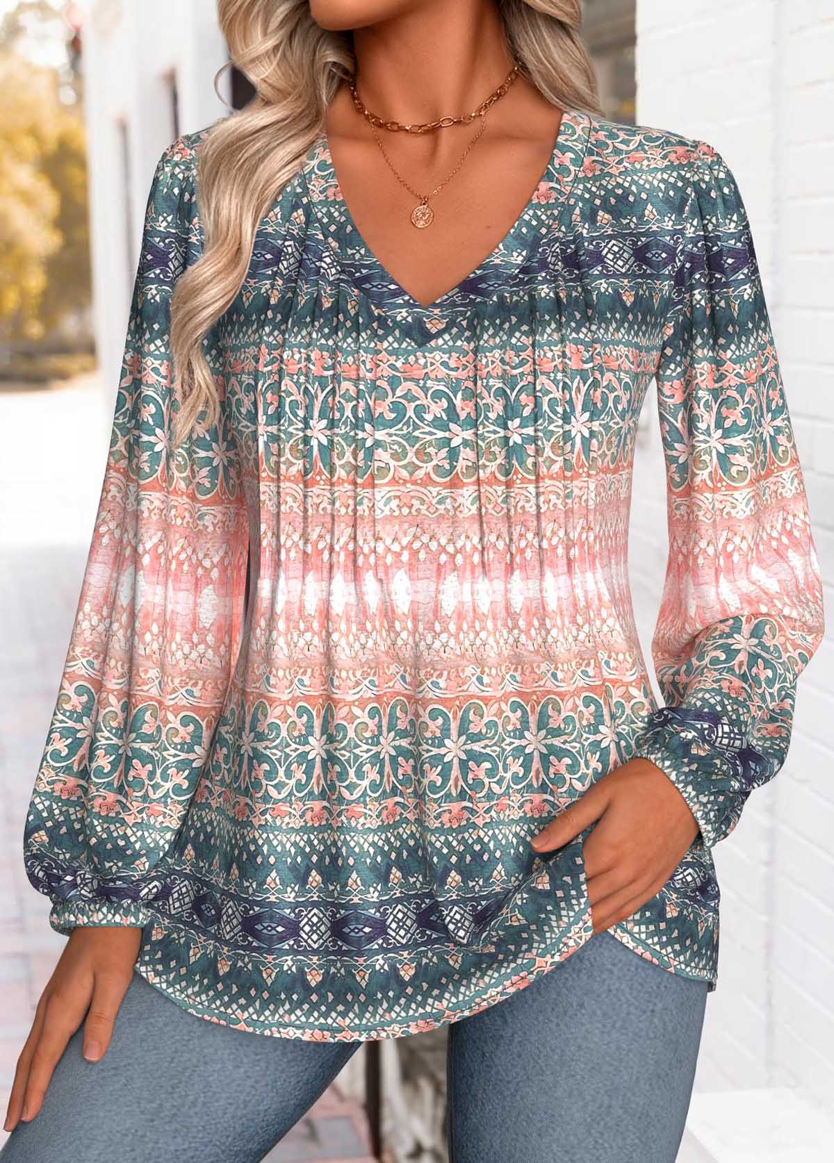 Modlily Multi Color Tummy Coverage Tribal Print Long Sleeve Blouse - L