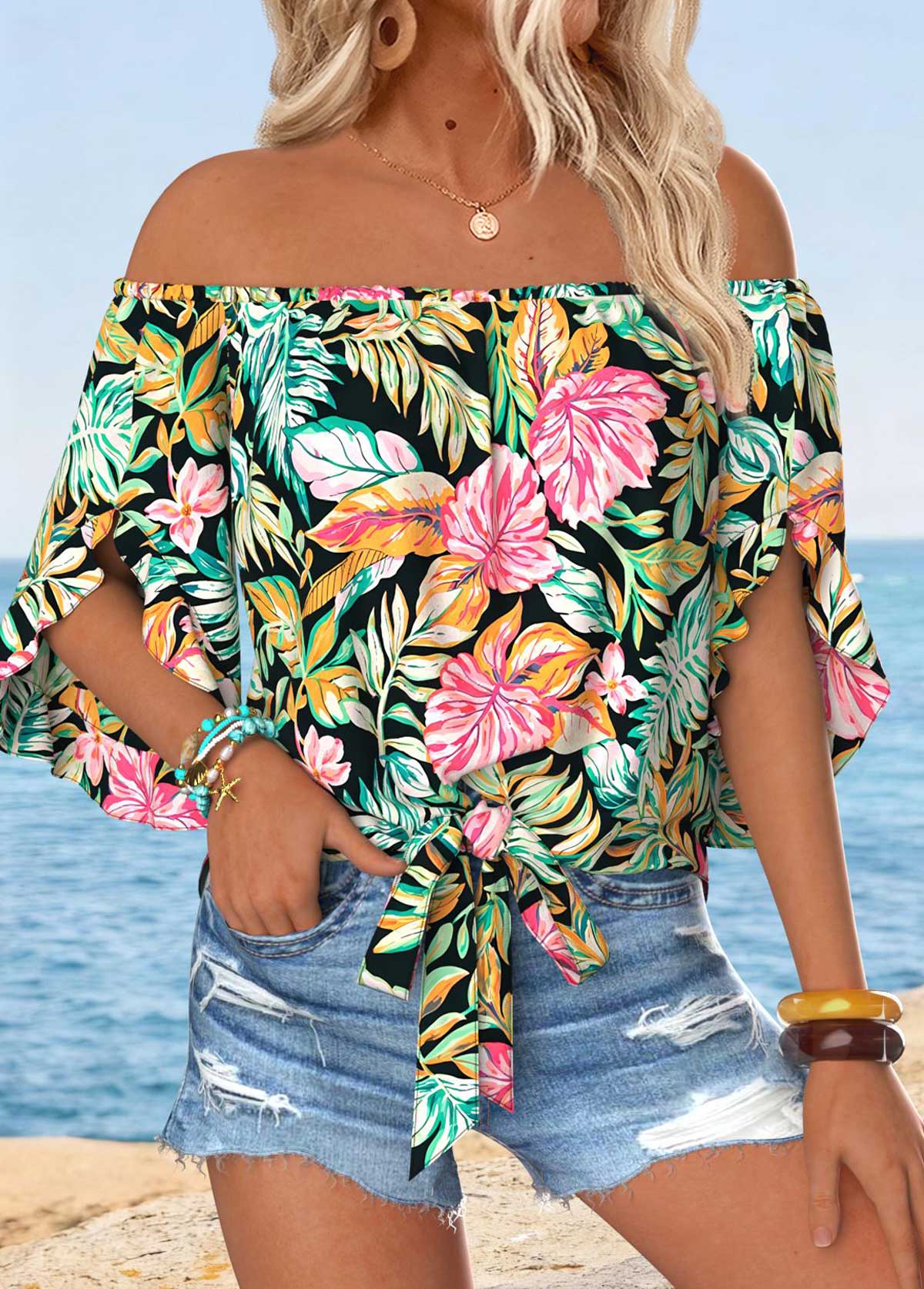 Modlily Multi Color Tummy Coverage Tropical Plants Print Blouse - S
