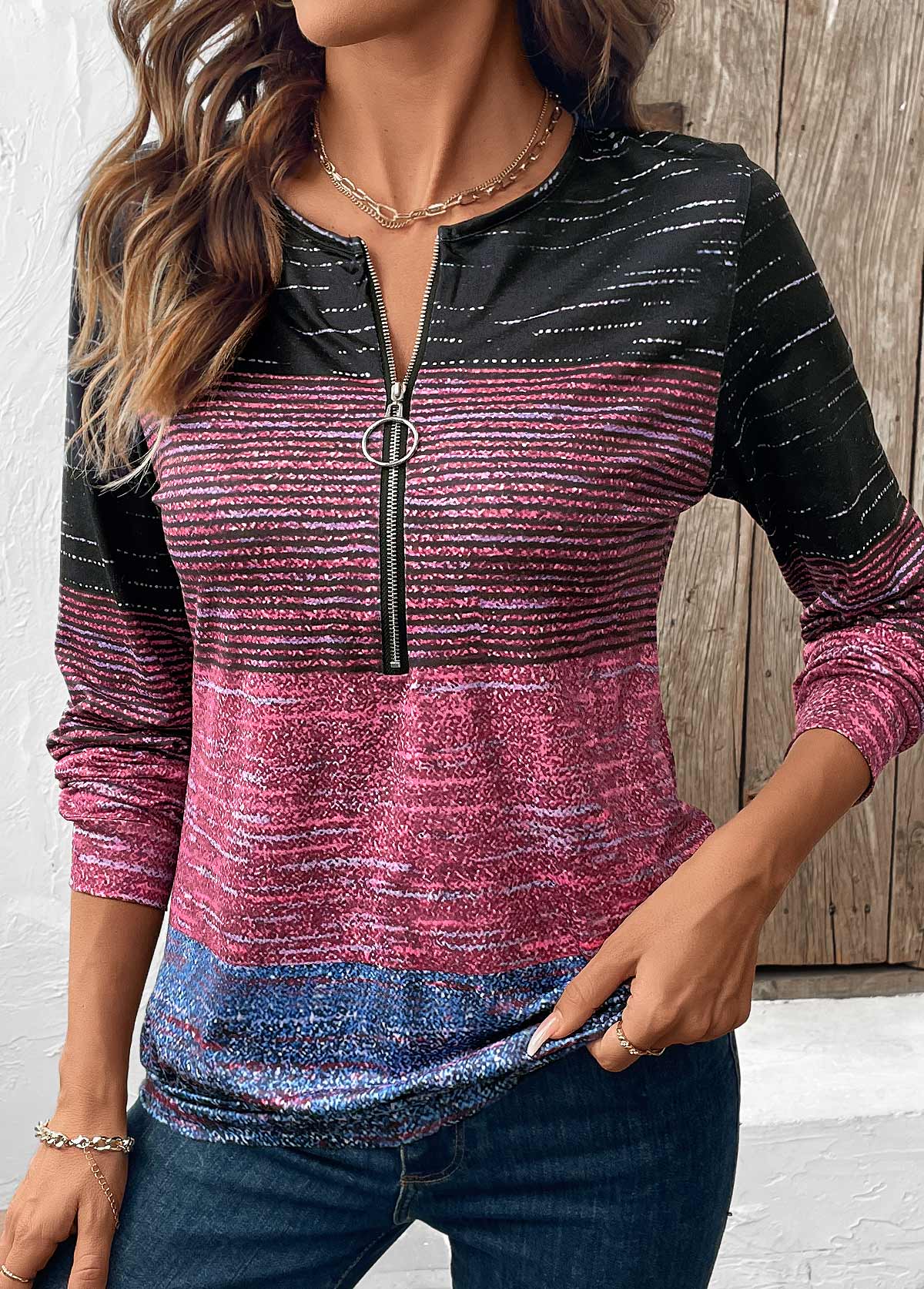 Modlily Multi Color Zipper Long Sleeve Round Neck Sweatshirt - M