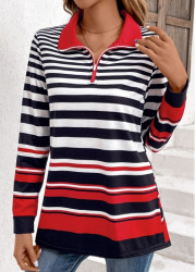 Modlily Multi Color Zipper Striped Long Sleeve Sweatshirt - L