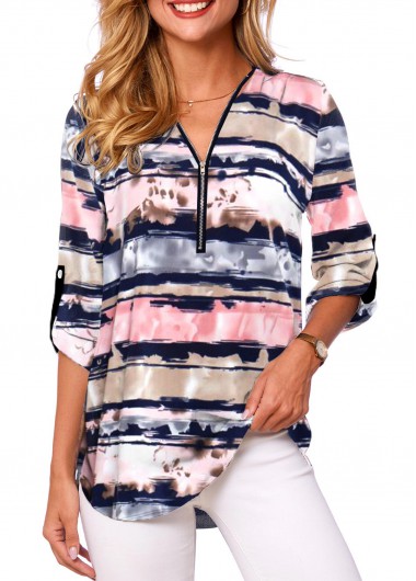 Modlily Multi Color Zipper Striped Long Sleeve V Neck Blouse - M