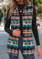 Modlily Multi Color Zipper Tribal Print Sleeveless Stand Collar Waistcoat - XL