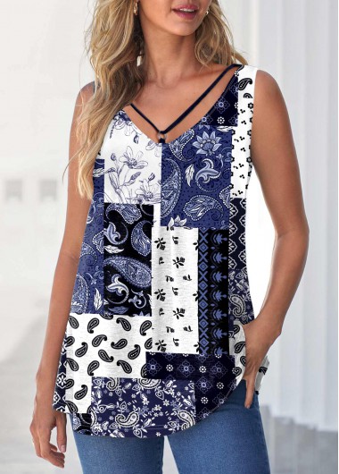 Modlily Navy Blue Paisley Print Ring Detail Tank Top - M