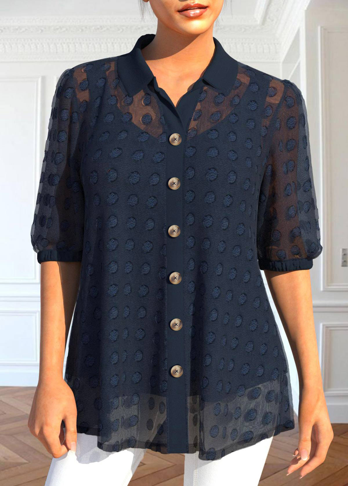 Modlily Navy Button Half Sleeve Shirt Collar Blouse - M