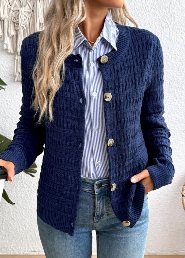 Modlily Navy Button Long Sleeve Round Neck Cardigan - S
