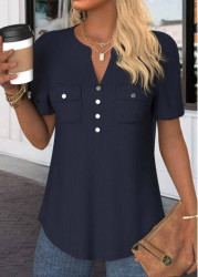 Modlily Navy Button Plus Size Short Sleeve Split Neck Blouse - 1X
