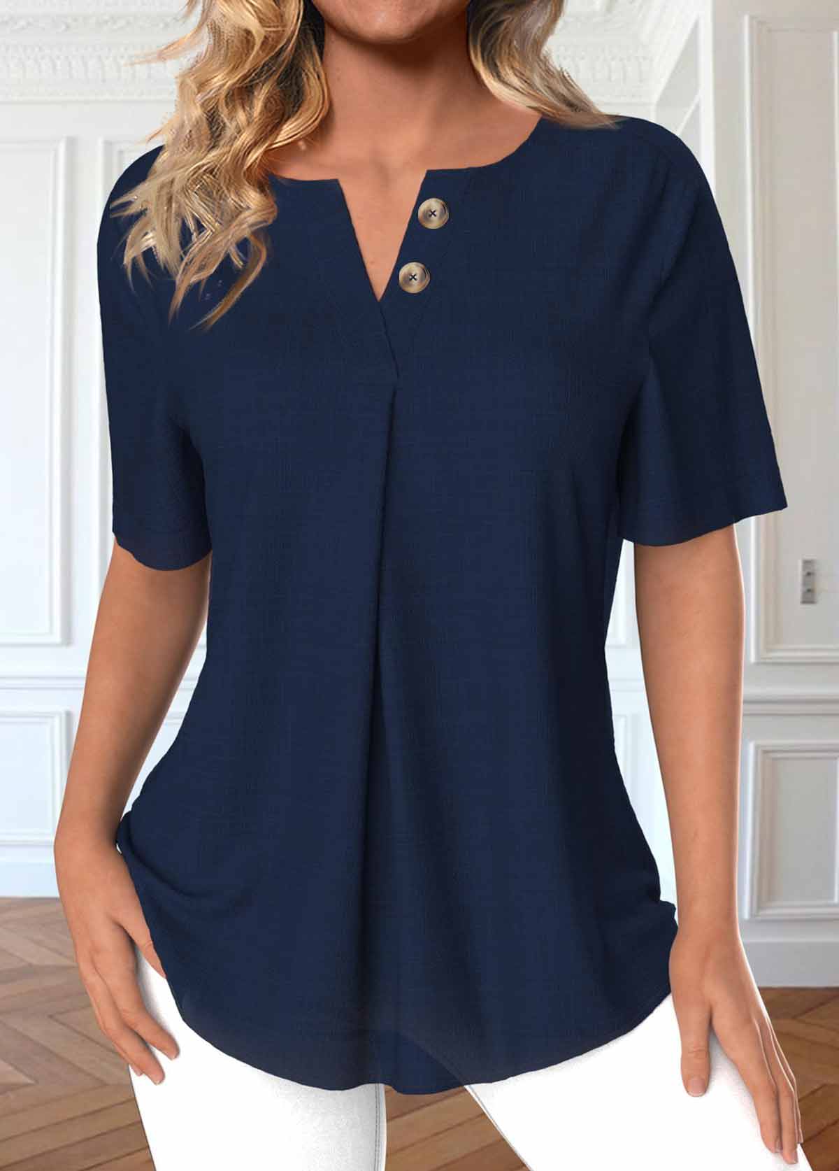 Modlily Navy Button Short Sleeve Split Neck Blouse - S