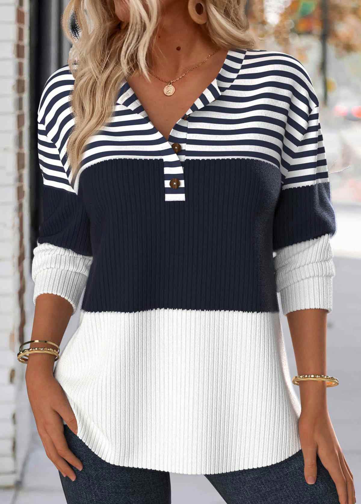 Modlily Navy Button Striped Long Sleeve Split Neck Sweatshirt - S